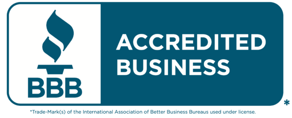 BBB Accredited Business badge with torch logo in teal and white.